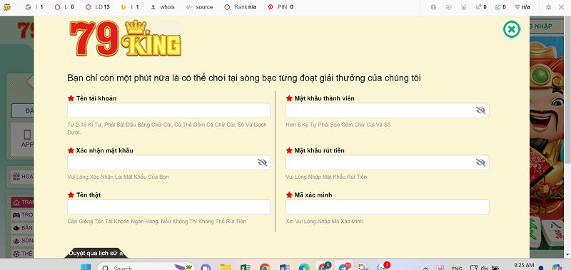 Tạo một tài khoản tại trang web 79King cá cược